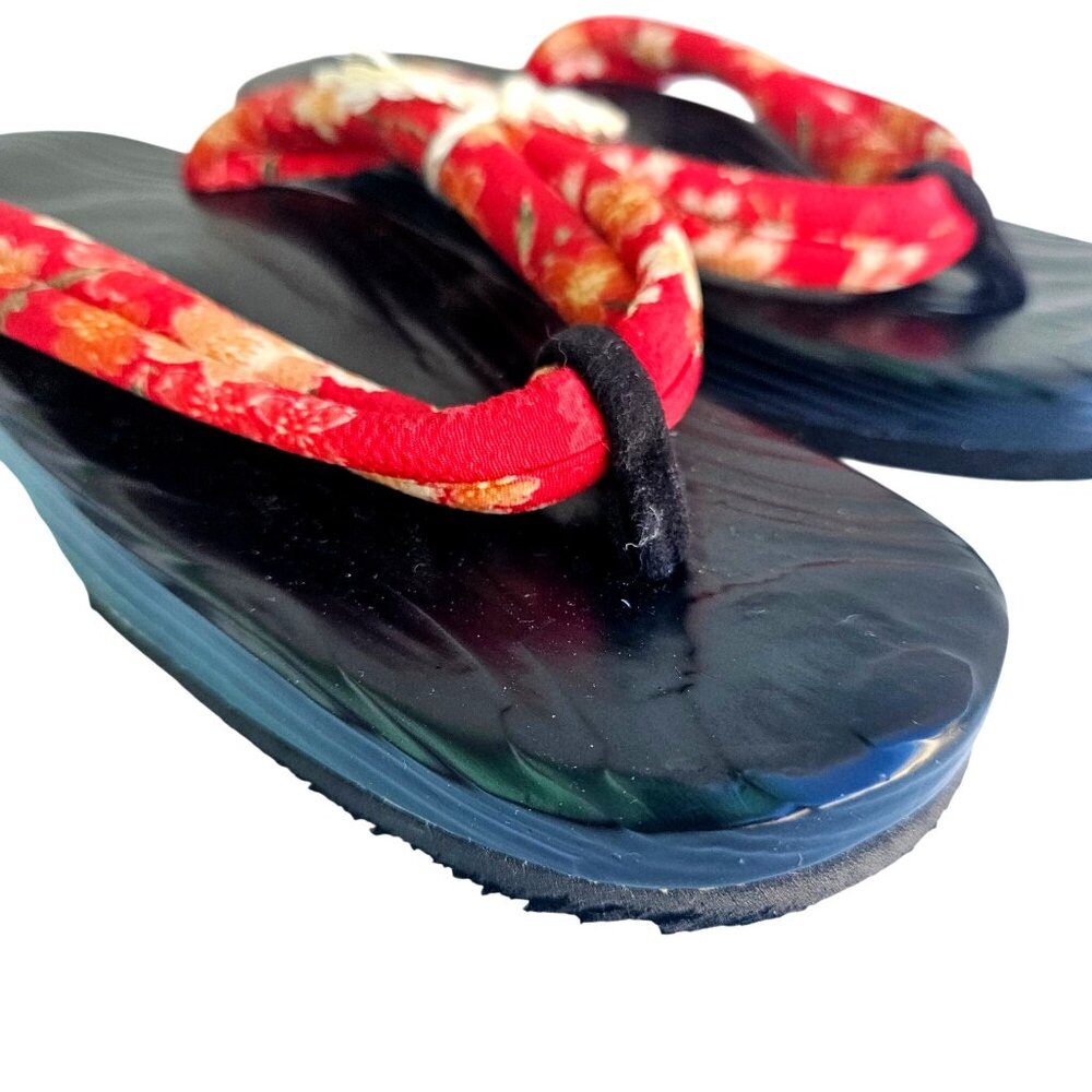 Japanese Geta Sandals Black Lacquer Red Floral Hanao S/M 6 to 7 Narrow - Picture 6 of 13